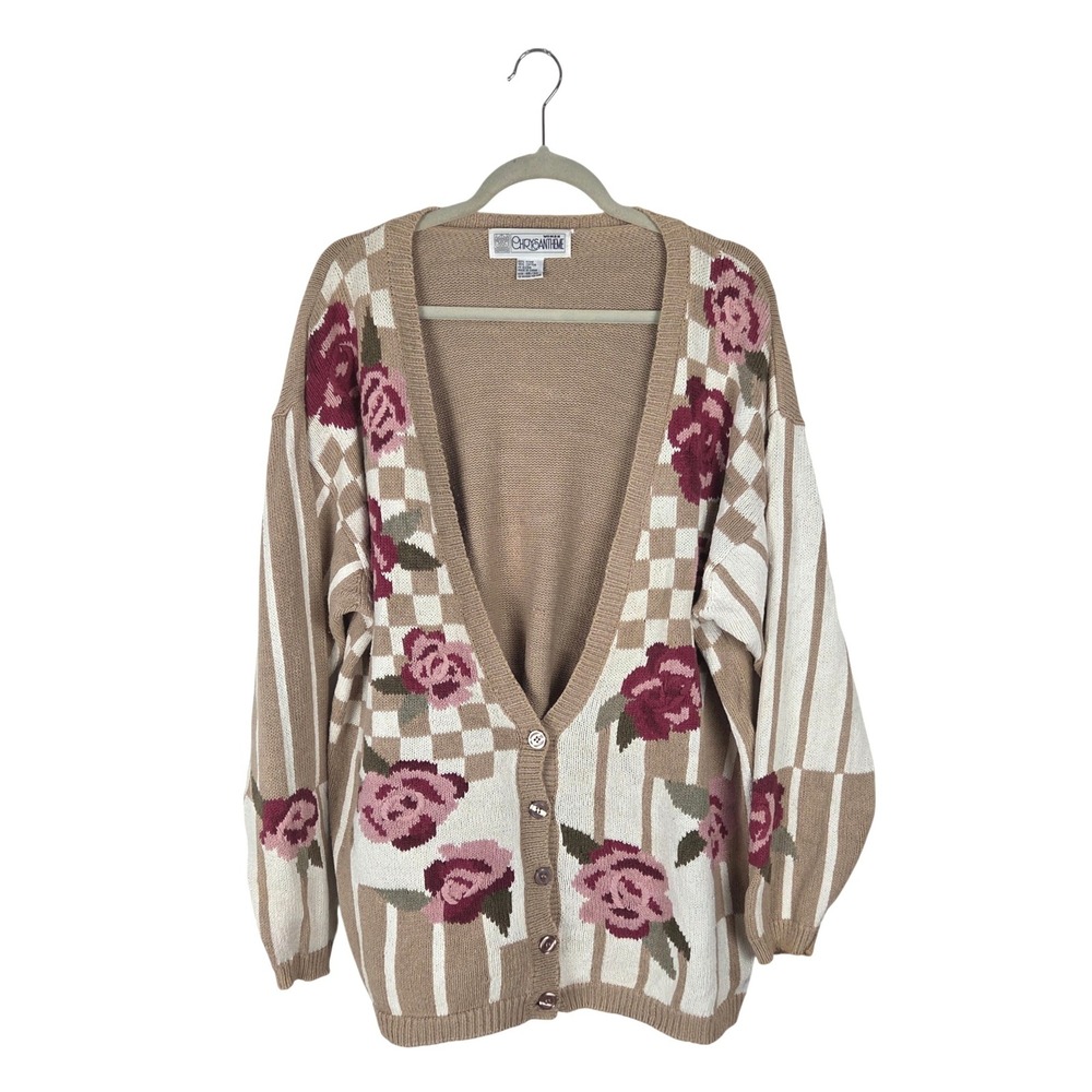Vtg Cardigan Sweater Sz 18/20 Beige‎ Rose Plaid Stripe Grannycore Cottagecore